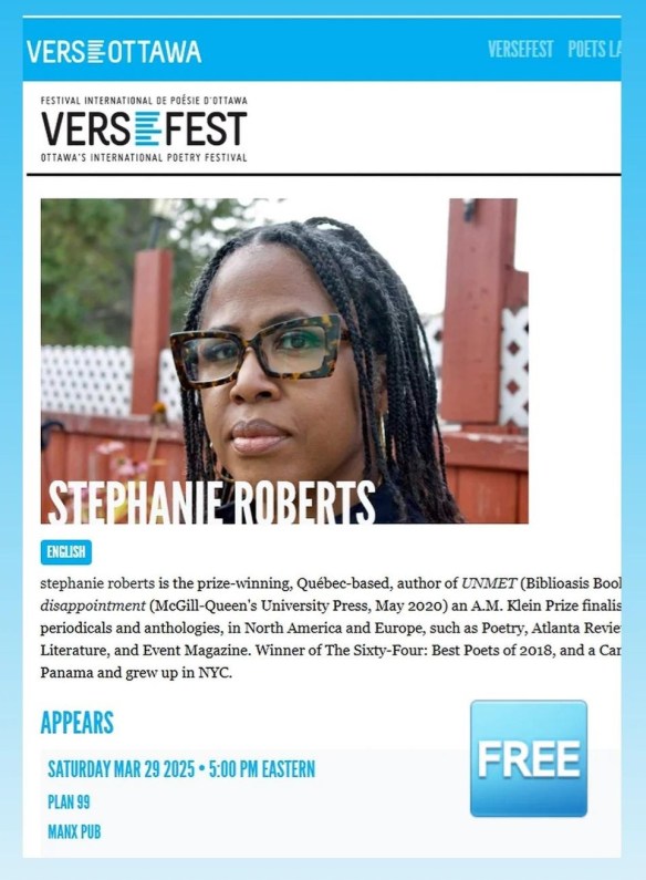 Versefest promotional graphic of stephanie roberts with a short bio and the date time and place of her March 29th 2025 appearance.